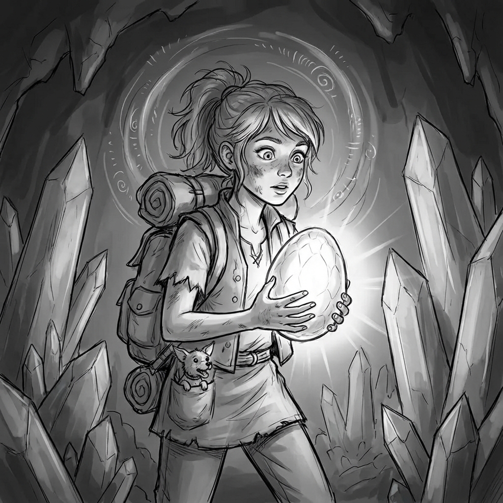 Charley West, a Cosmic Quills student character, holding a glowing dragon egg in a crystal cave